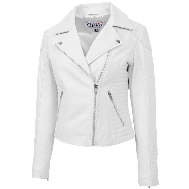 Womens Soft Leather Cross Zip Biker Jacket Anna White 2
