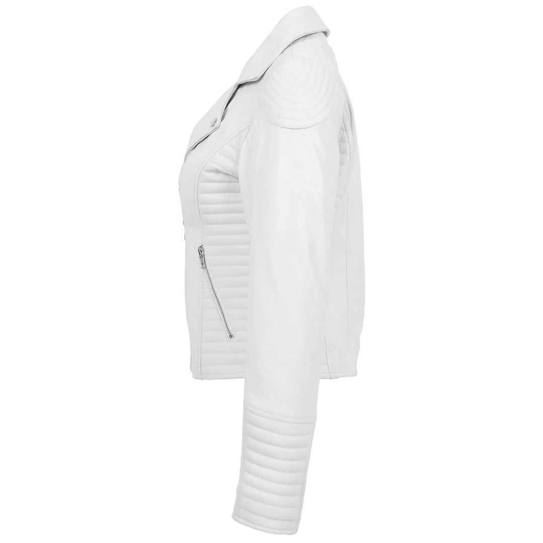 Womens Soft Leather Cross Zip Biker Jacket Anna White 3