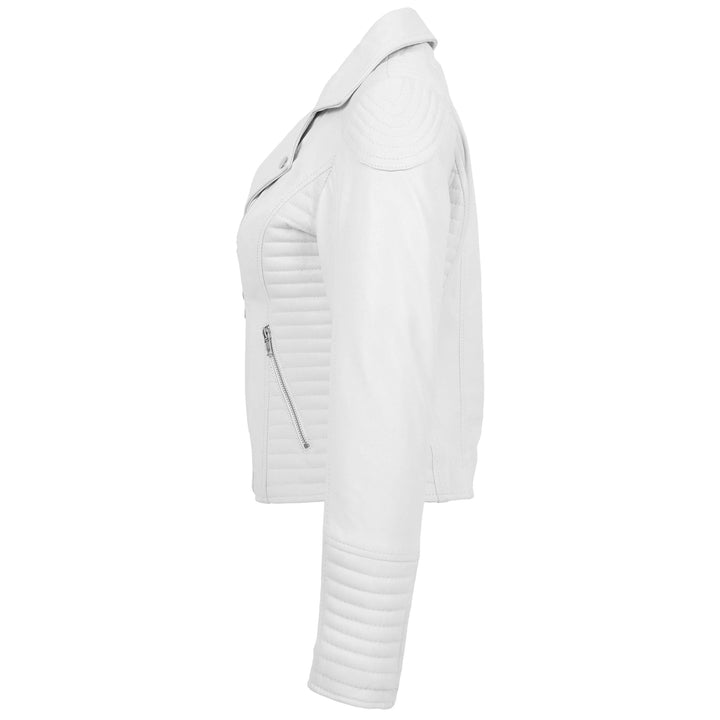 Womens Soft Leather Cross Zip Biker Jacket Anna White 3