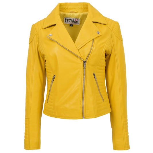 Womens Soft Leather Cross Zip Biker Jacket Anna Yellow