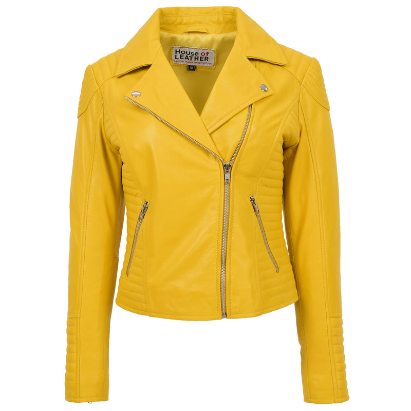 Womens Soft Leather Cross Zip Biker Jacket Anna Yellow