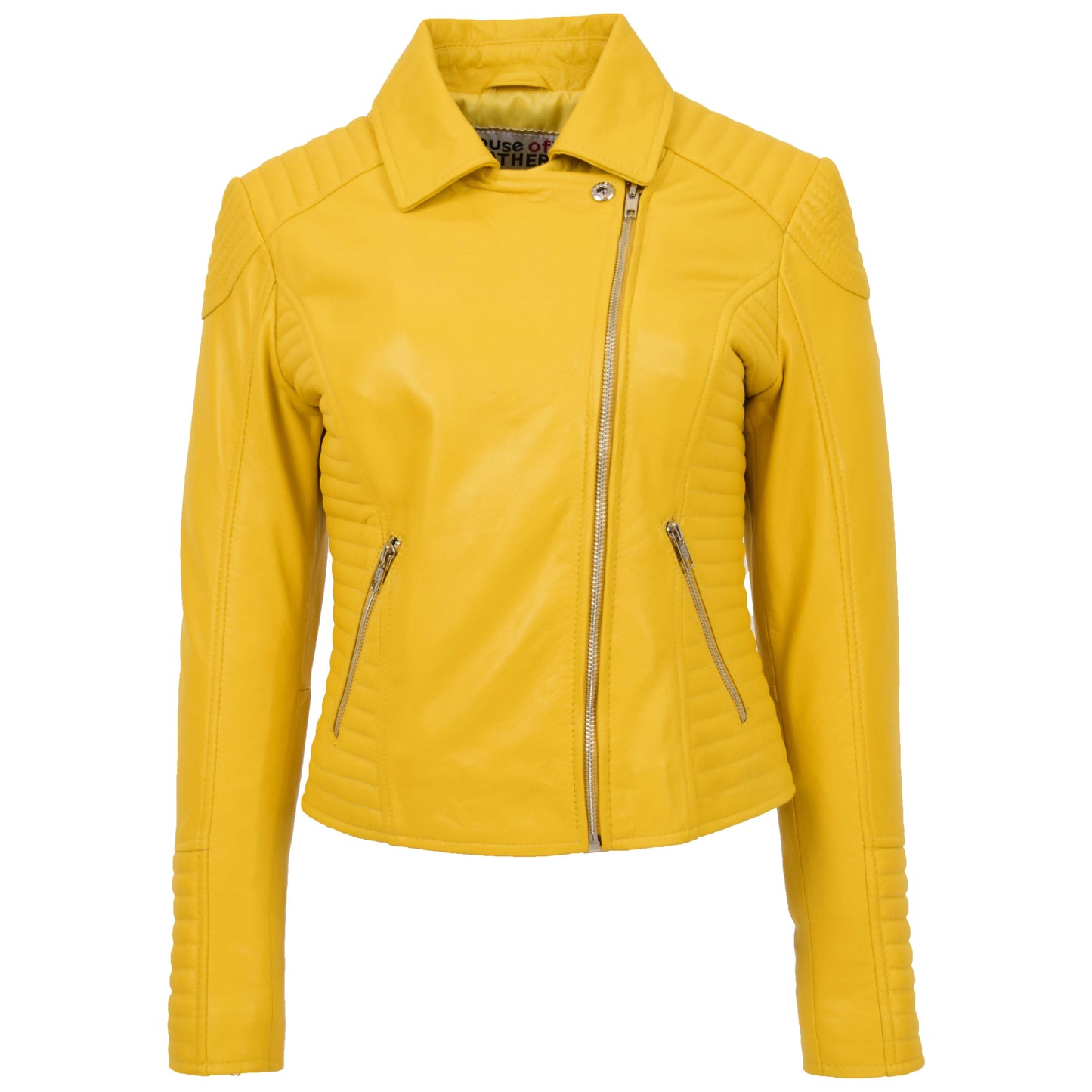 Womens Soft Leather Cross Zip Biker Jacket Anna Yellow 2