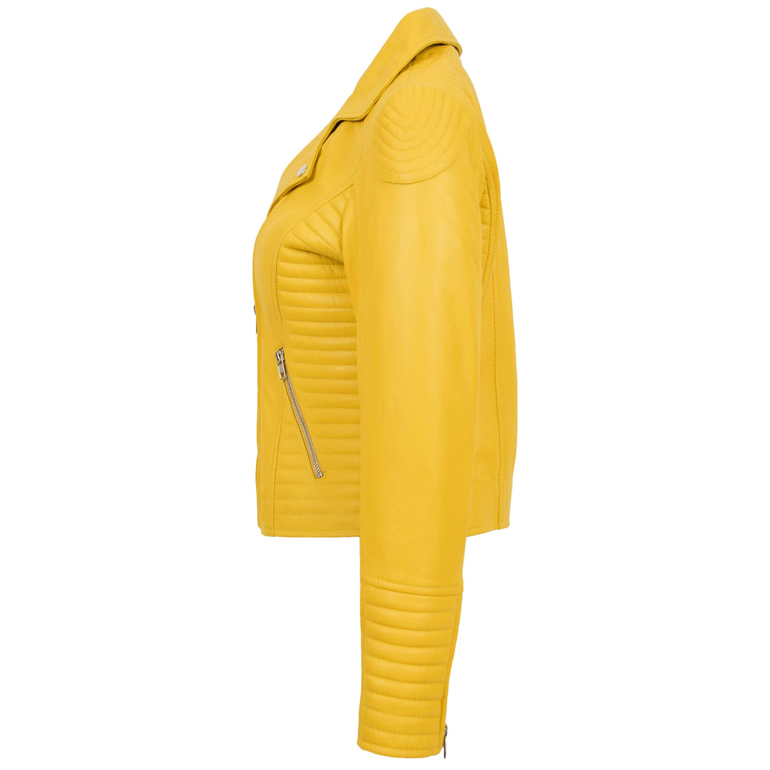 Womens Soft Leather Cross Zip Biker Jacket Anna Yellow 4