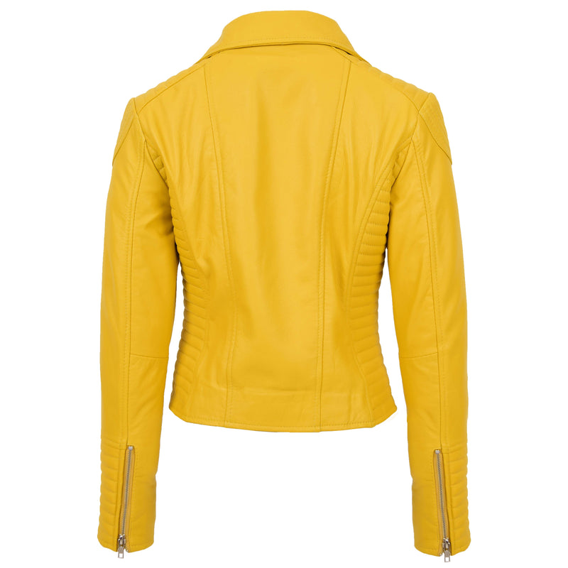 Womens Soft Leather Cross Zip Biker Jacket Anna Yellow 1