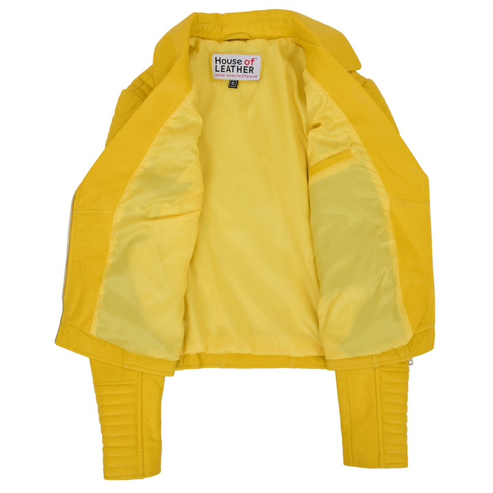 Womens Soft Leather Cross Zip Biker Jacket Anna Yellow 5