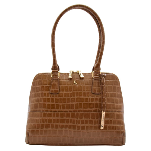 Womens Leather Hobo Bag Croc Print Annabelle Tan - House of Leather