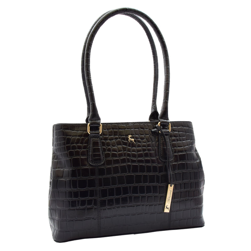 Womens Hobo Shoulder Leather Bag Beautiful Croc Pint Sylvia Black 2
