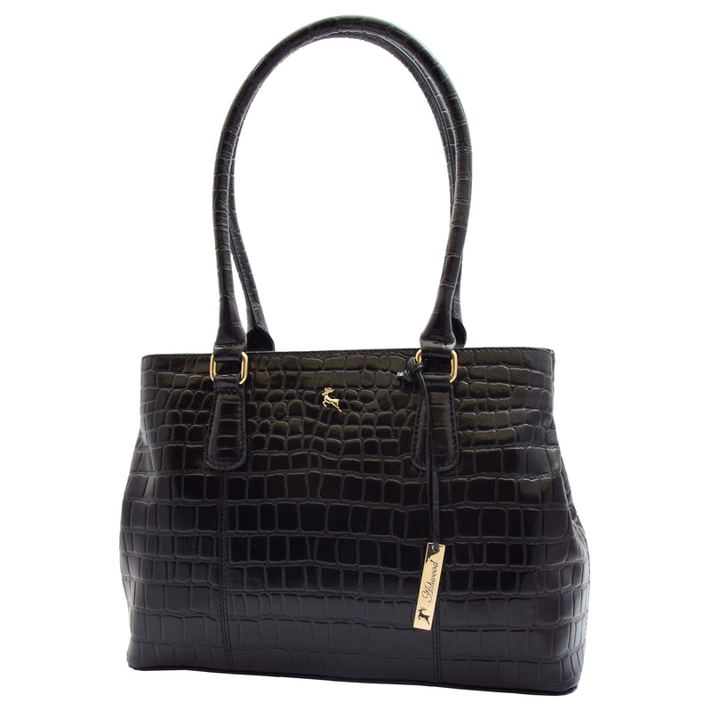 Womens Hobo Shoulder Leather Bag Beautiful Croc Pint Sylvia Black 3