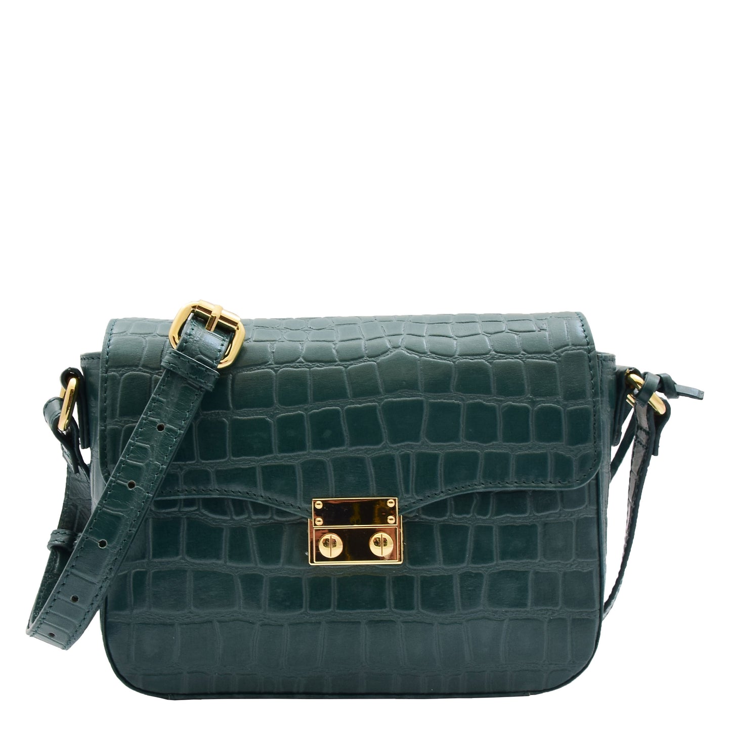 Womens Cross Body Bag Croc Print Handstitched Leather Handbag Maude Green