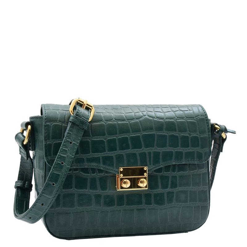Womens Cross Body Bag Croc Print Handstitched Leather Handbag Maude Green 3