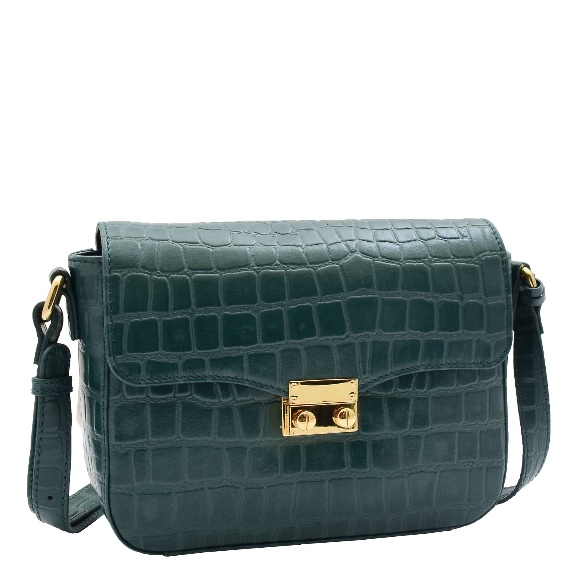 Womens Cross Body Bag Croc Print Handstitched Leather Handbag Maude Green 5