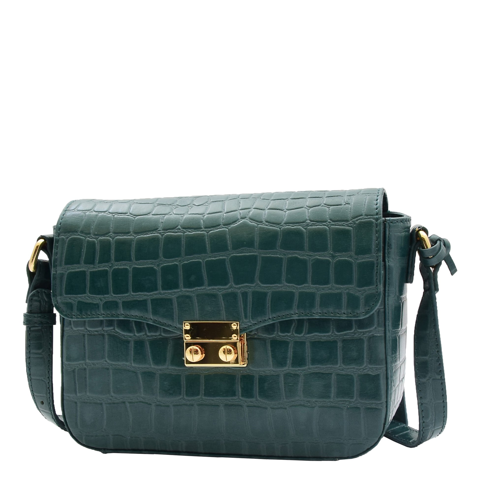 Womens Cross Body Bag Croc Print Handstitched Leather Handbag Maude Green 6