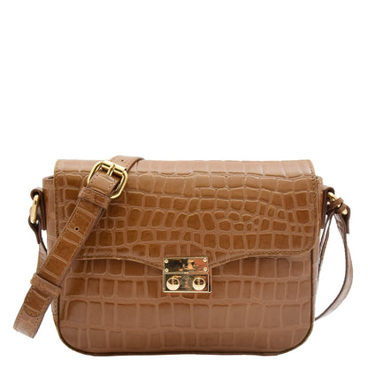 Copy of Womens Cross Body Bag Croc Print Handstitched Leather Handbag Maude Tan