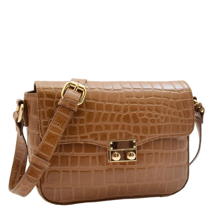 Copy of Womens Cross Body Bag Croc Print Handstitched Leather Handbag Maude Tan 3