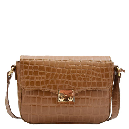 Copy of Womens Cross Body Bag Croc Print Handstitched Leather Handbag Maude Tan 4