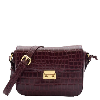 Womens Cross Body Bag Croc Print Handstitched Leather Handbag Maude Bordeaux