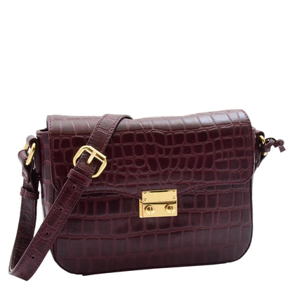 Womens Cross Body Bag Croc Print Handstitched Leather Handbag Maude Bordeaux 3