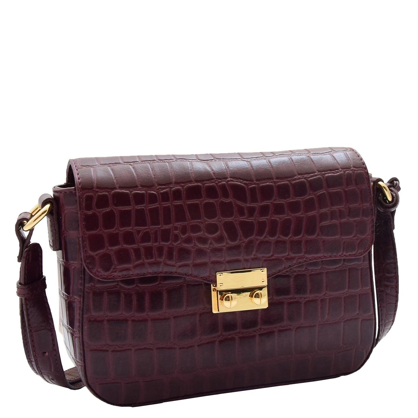 Womens Cross Body Bag Croc Print Handstitched Leather Handbag Maude Bordeaux 5