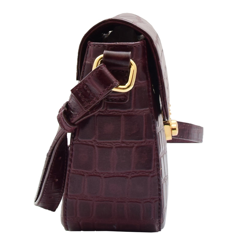 Womens Cross Body Bag Croc Print Handstitched Leather Handbag Maude Bordeaux 6