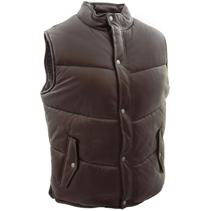 Mens Leather Puffer Waistcoat Body Warmer Leon Brown 3