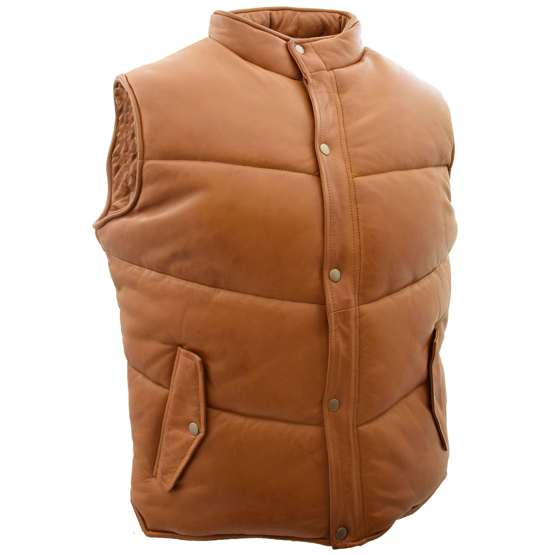 Mens Leather Puffer Waistcoat Body Warmer Leon Tan 3