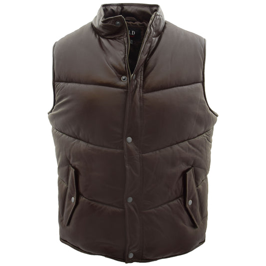 Mens Leather Puffer Waistcoat Body Warmer Leon Brown