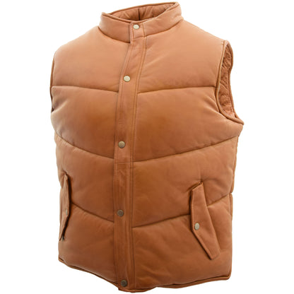 Mens Leather Puffer Waistcoat Body Warmer Leon Tan 4