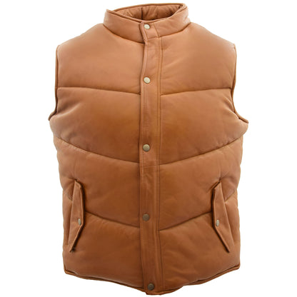 Mens Leather Puffer Waistcoat Body Warmer Leon Tan 2