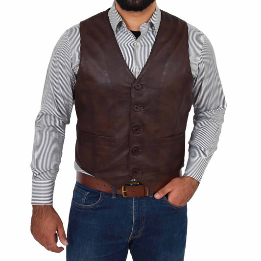 mens brown leather waistcoat