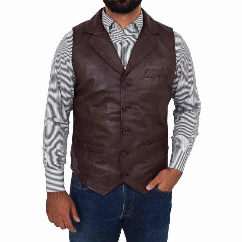 mens brown leather waistcoat