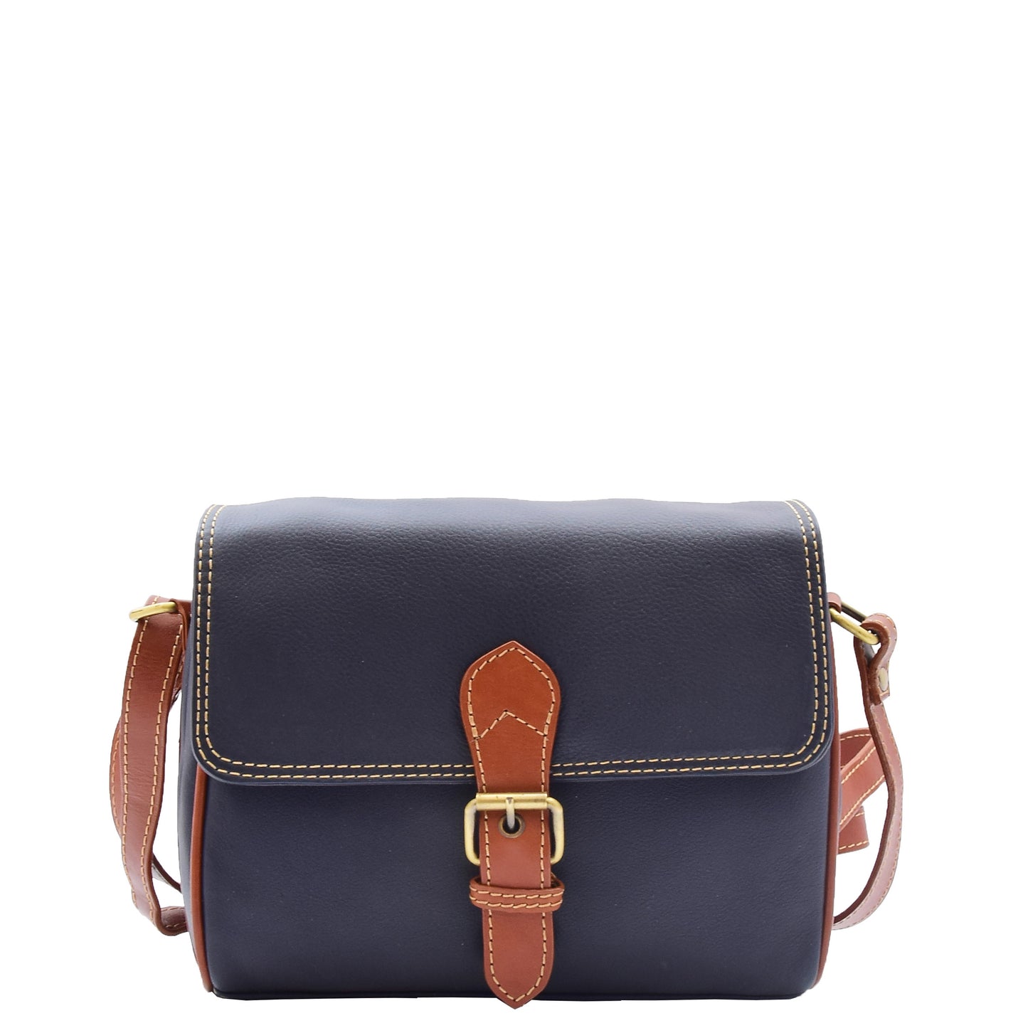 Women Genuine Leather Crossbody Bag Satchel Saddle HANNAH Navy/Tan