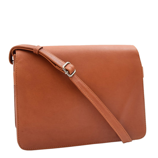 Womens Leather Cross Body Bag Flap Over Messenger Office Organiser HOL323 Cognac