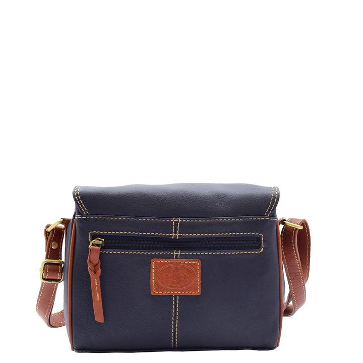 Women Genuine Leather Crossbody Bag Satchel Saddle Hanna Navy/Tan