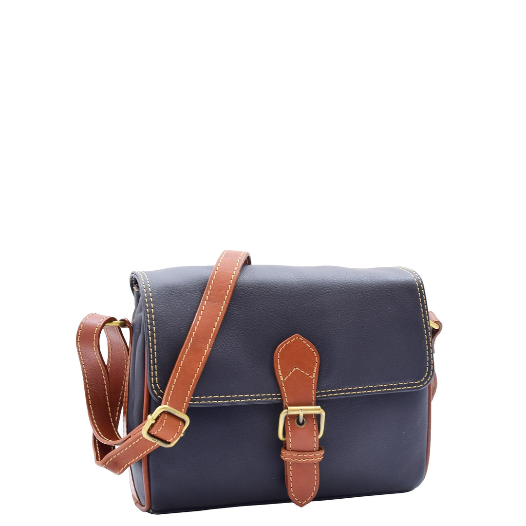 Women Genuine Leather Crossbody Bag Satchel Saddle Hanna Navy/Tan