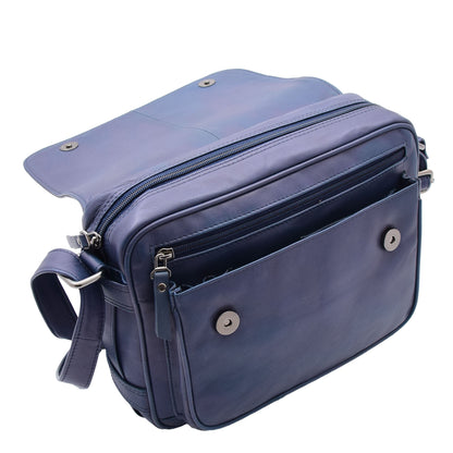 Womens Cross Body Real Leather Messenger Bag Flap Over Organiser HOL325 Navy