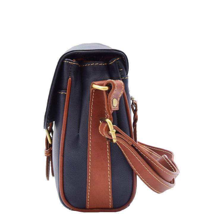Women Genuine Leather Crossbody Bag Satchel Saddle Hanna Navy/Tan
