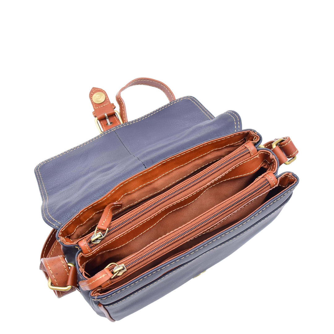 Women Genuine Leather Crossbody Bag Satchel Saddle Hanna Navy/Tan