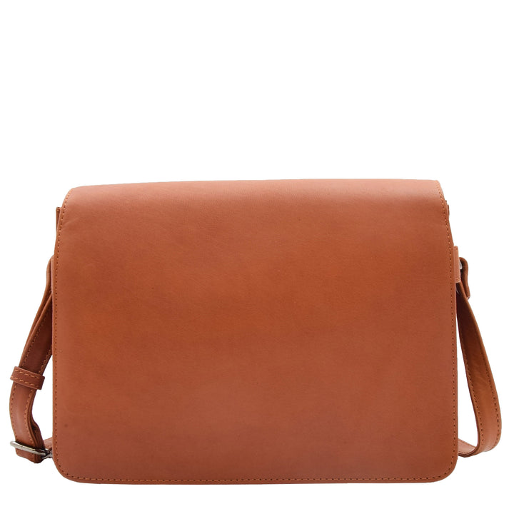 Womens Leather Cross Body Bag Flap Over Messenger Office Organiser HOL323 Cognac