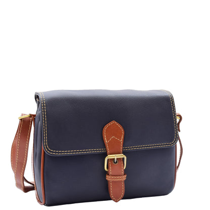 Women Genuine Leather Crossbody Bag Satchel Saddle HANNAH Navy/Tan