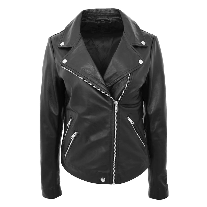 Womens Leather Biker Style Jacket Cross Zip Maya Black