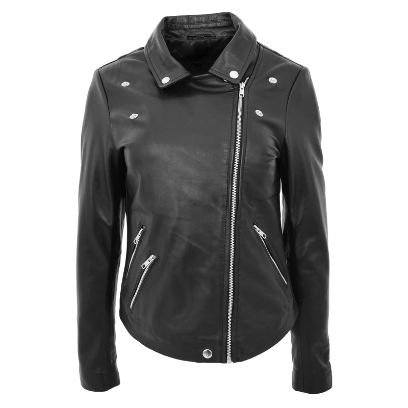 Womens Leather Biker Style Jacket Cross Zip Maya Black 2