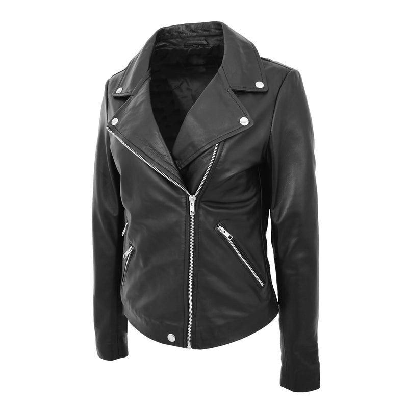 Womens Leather Biker Style Jacket Cross Zip Maya Black 4