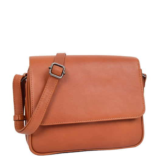 Womens Leather Cross Body Bag Casual Flap over Organiser HOL324 Cognac